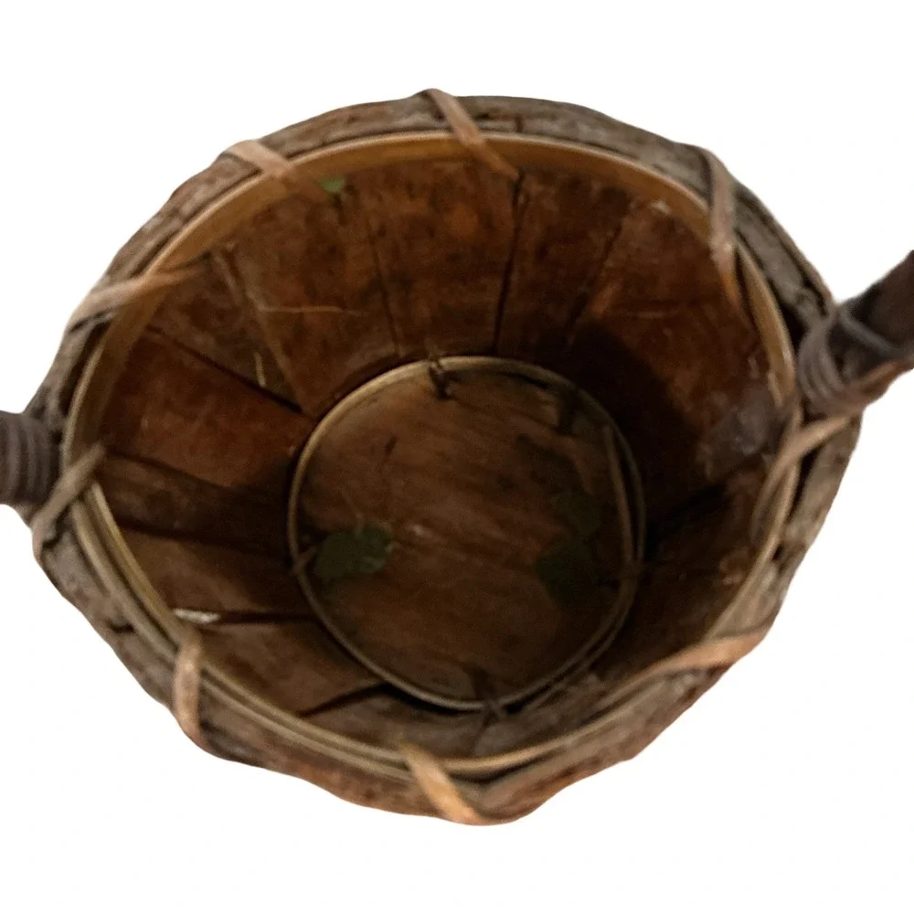 Vintage Rustic Tree Bark Basket with Tall Handle 10.5 Inch Brown Woodland Decor